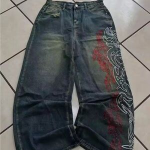 Graphic Wide-Leg Jeans with Red and White Design